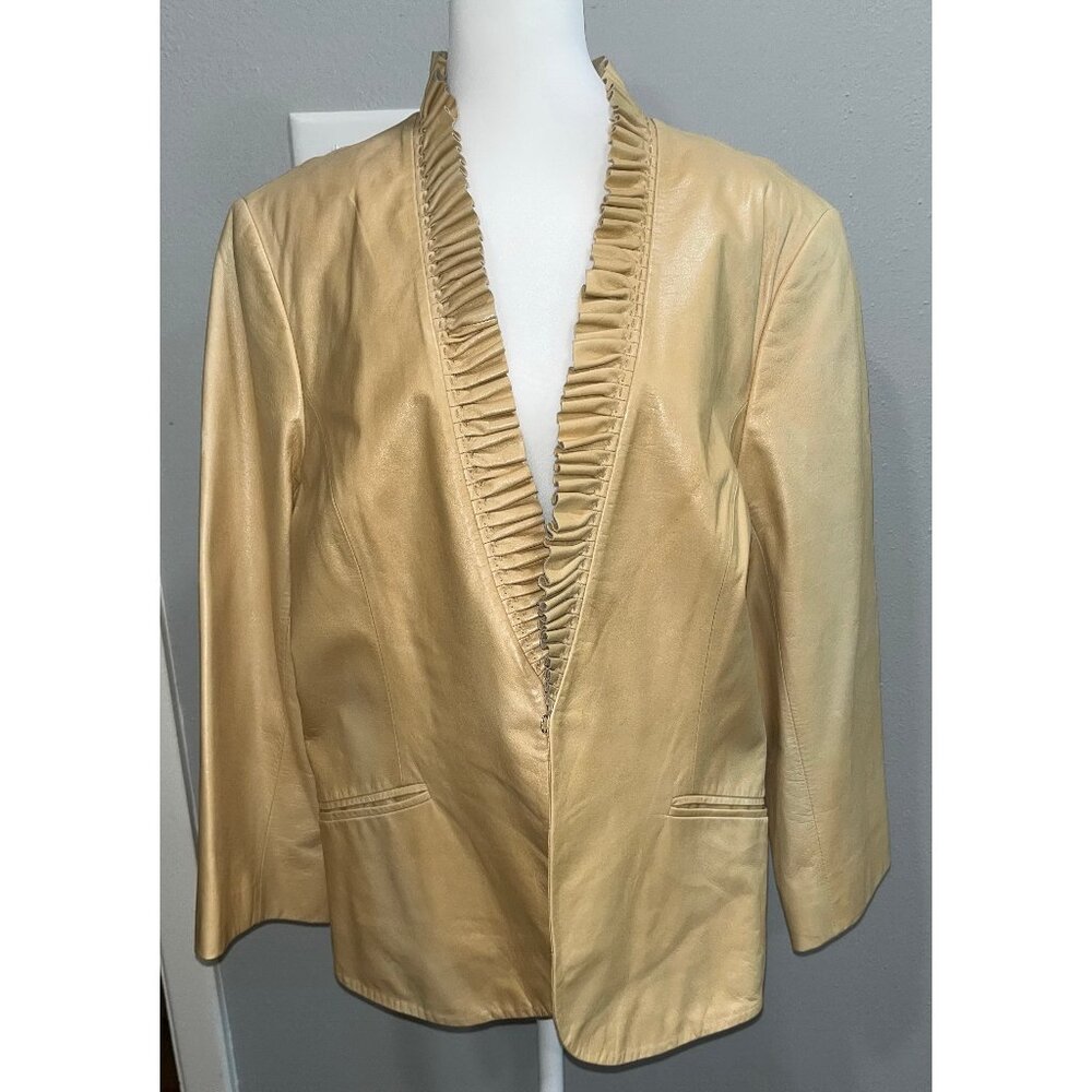 NWT LAFAYETTE 148 Beige Genuine Leather Ruffle Collar Jacket, Size 16, MSRP $898